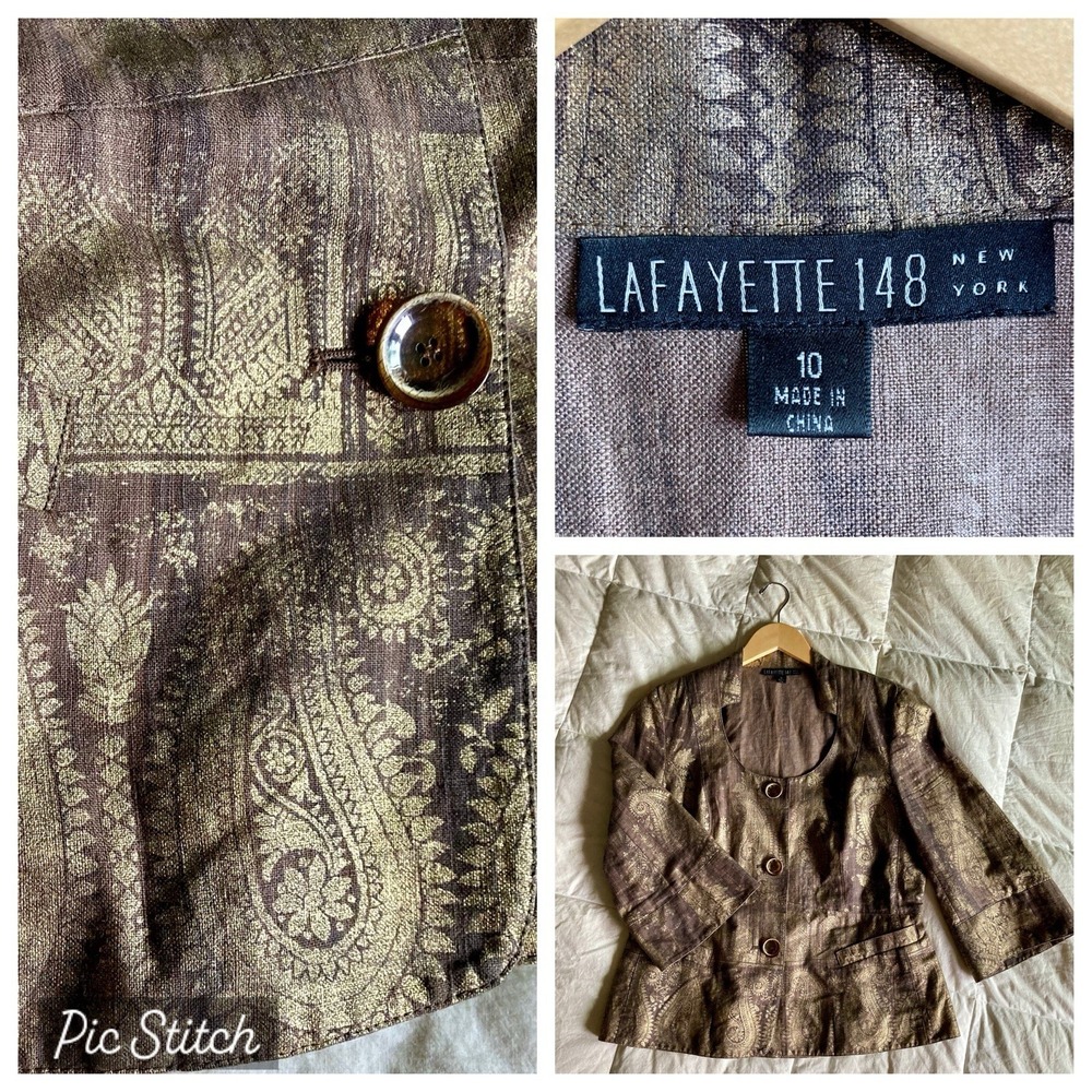 Lafayette 148 Linen Jacket Size 10 Metallic Paisley Print Brown Gold 3/4 Sleeve